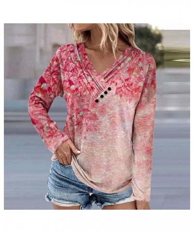 Women Long Sleeve Tops Spring Fashion Clothing for Women 2024 Casual Loose V Neck Button Shirts Slim Fit Blouses 17-red $10.0...