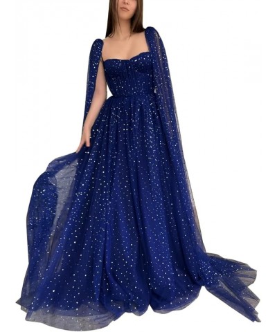 Sparkle Tulle Prom Dresses Cape Sleeve Starry Formal Evening Party Gowns Long Navy Blue-sweetheart $40.50 Dresses