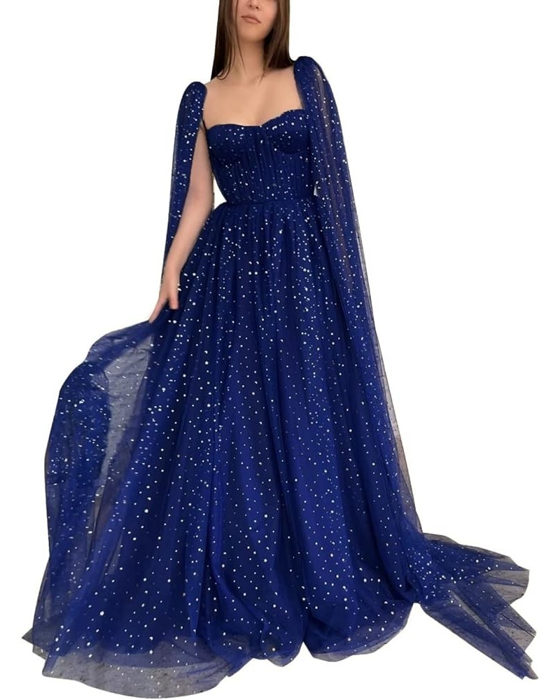 Sparkle Tulle Prom Dresses Cape Sleeve Starry Formal Evening Party Gowns Long Navy Blue-sweetheart $40.50 Dresses