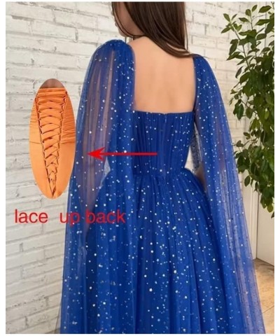 Sparkle Tulle Prom Dresses Cape Sleeve Starry Formal Evening Party Gowns Long Navy Blue-sweetheart $40.50 Dresses