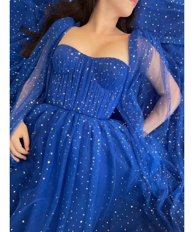 Sparkle Tulle Prom Dresses Cape Sleeve Starry Formal Evening Party Gowns Long Navy Blue-sweetheart $40.50 Dresses