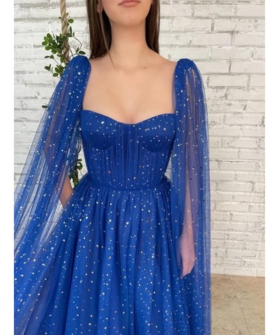 Sparkle Tulle Prom Dresses Cape Sleeve Starry Formal Evening Party Gowns Long Navy Blue-sweetheart $40.50 Dresses