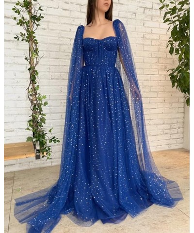 Sparkle Tulle Prom Dresses Cape Sleeve Starry Formal Evening Party Gowns Long Navy Blue-sweetheart $40.50 Dresses