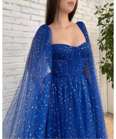 Sparkle Tulle Prom Dresses Cape Sleeve Starry Formal Evening Party Gowns Long Navy Blue-sweetheart $40.50 Dresses