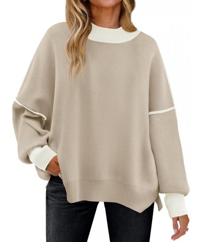 Women's Winter Oversized Sweaters Long Sleeve Color Block Mock Neck Side Slit Comfy Loose Knitted Pullover Tops Oatmeal $22.5...