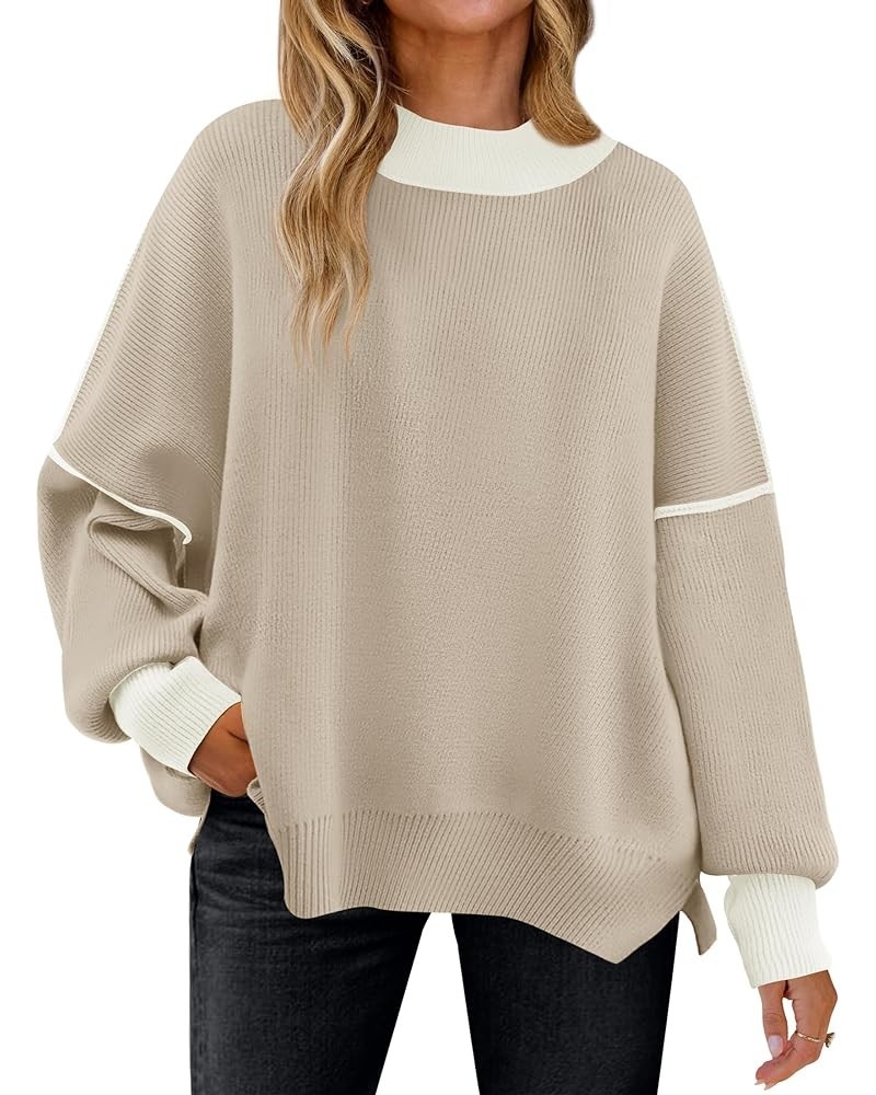 Women's Winter Oversized Sweaters Long Sleeve Color Block Mock Neck Side Slit Comfy Loose Knitted Pullover Tops Oatmeal $22.5...