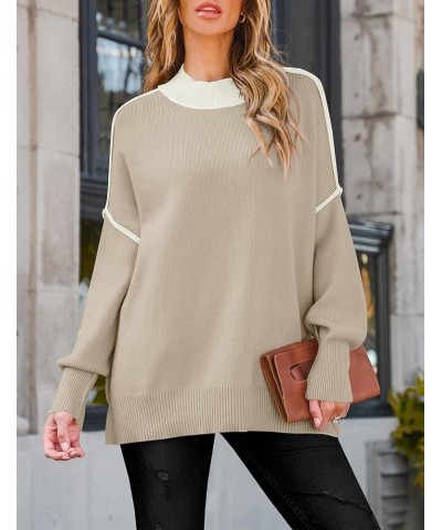 Women's Winter Oversized Sweaters Long Sleeve Color Block Mock Neck Side Slit Comfy Loose Knitted Pullover Tops Oatmeal $22.5...