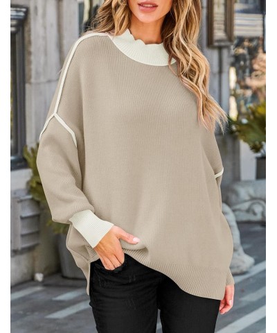 Women's Winter Oversized Sweaters Long Sleeve Color Block Mock Neck Side Slit Comfy Loose Knitted Pullover Tops Oatmeal $22.5...