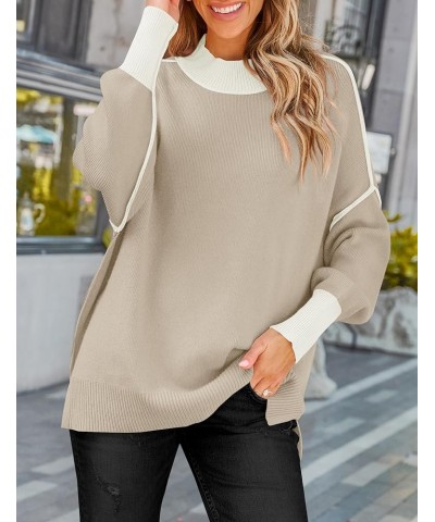 Women's Winter Oversized Sweaters Long Sleeve Color Block Mock Neck Side Slit Comfy Loose Knitted Pullover Tops Oatmeal $22.5...