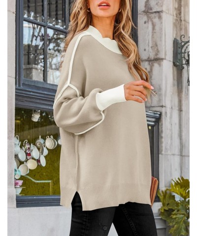 Women's Winter Oversized Sweaters Long Sleeve Color Block Mock Neck Side Slit Comfy Loose Knitted Pullover Tops Oatmeal $22.5...