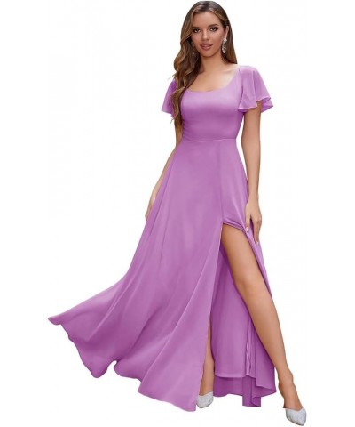 Long Chiffon Bridesmaid Dresses with Slit Short Sleeves A-Line Formal Evening Gowns for Women Wedding Guest Lilac $31.25 Dresses