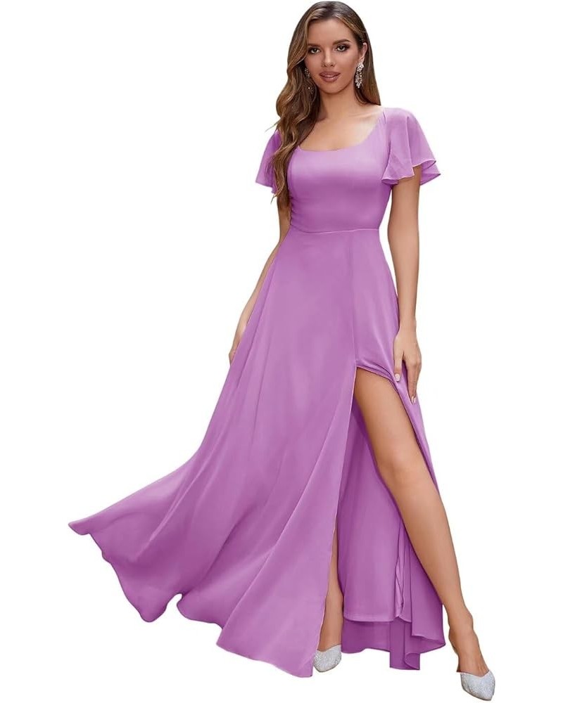 Long Chiffon Bridesmaid Dresses with Slit Short Sleeves A-Line Formal Evening Gowns for Women Wedding Guest Lilac $31.25 Dresses