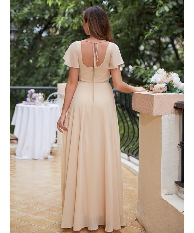 Long Chiffon Bridesmaid Dresses with Slit Short Sleeves A-Line Formal Evening Gowns for Women Wedding Guest Lilac $31.25 Dresses