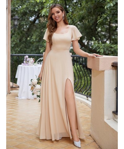 Long Chiffon Bridesmaid Dresses with Slit Short Sleeves A-Line Formal Evening Gowns for Women Wedding Guest Lilac $31.25 Dresses