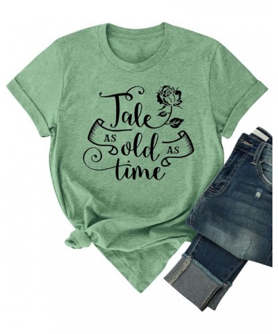 Summer Graphic Shirt for Women, Tale As Old As Time Letter Print with Elegant Rose Tee Tops 3c-olive Green $12.31 T-Shirts