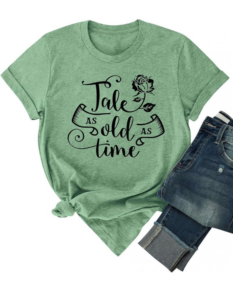 Summer Graphic Shirt for Women, Tale As Old As Time Letter Print with Elegant Rose Tee Tops 3c-olive Green $12.31 T-Shirts