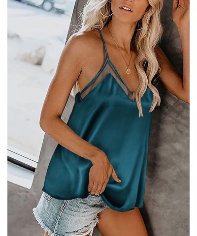 Silk Tank Top for Women Mesh V Neck Satin Camisole Silky Sleeveless Tank Cami Shirt Lake Blue $12.20 Tanks