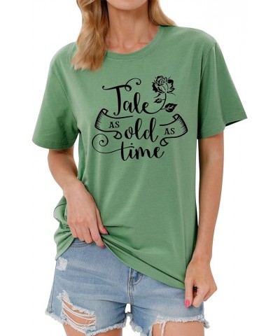 Summer Graphic Shirt for Women, Tale As Old As Time Letter Print with Elegant Rose Tee Tops 3c-olive Green $12.31 T-Shirts