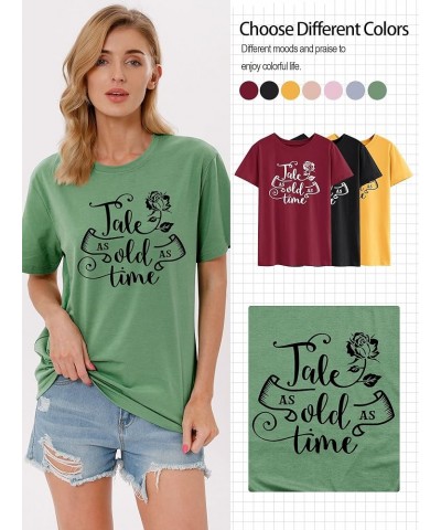 Summer Graphic Shirt for Women, Tale As Old As Time Letter Print with Elegant Rose Tee Tops 3c-olive Green $12.31 T-Shirts