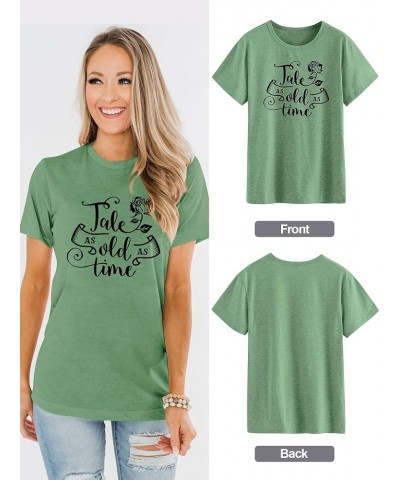 Summer Graphic Shirt for Women, Tale As Old As Time Letter Print with Elegant Rose Tee Tops 3c-olive Green $12.31 T-Shirts