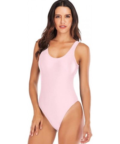 Women's Retro Scoop Neck Padded One Piece Swimsuits High Cut Low Back Bathing Suits Swimwear Bodysuit Light Pink $14.29 Swims...