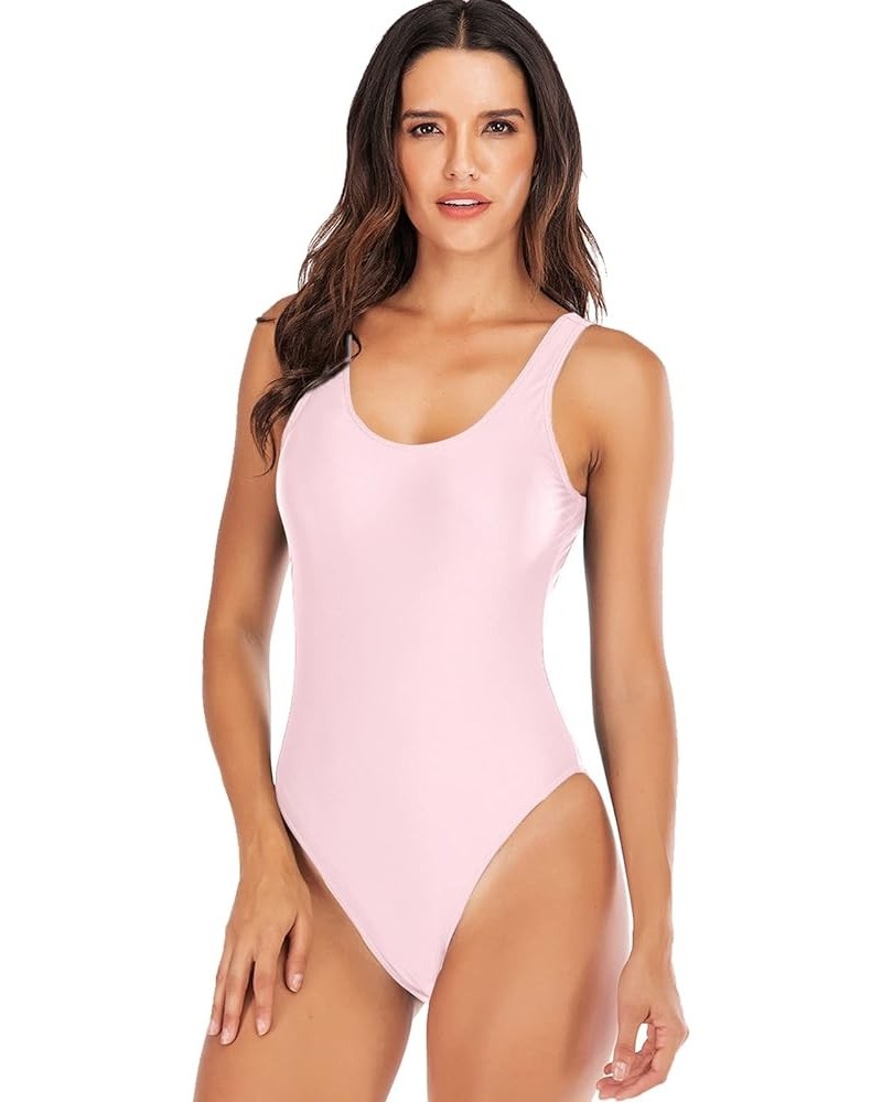 Women's Retro Scoop Neck Padded One Piece Swimsuits High Cut Low Back Bathing Suits Swimwear Bodysuit Light Pink $14.29 Swims...