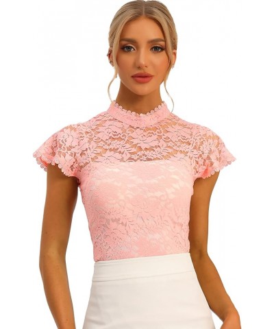 Women's Elegant Floral Lace Blouse Short Sleeve Keyhole Back Fitted Semi Sheer Top Pinks $11.25 Blouses