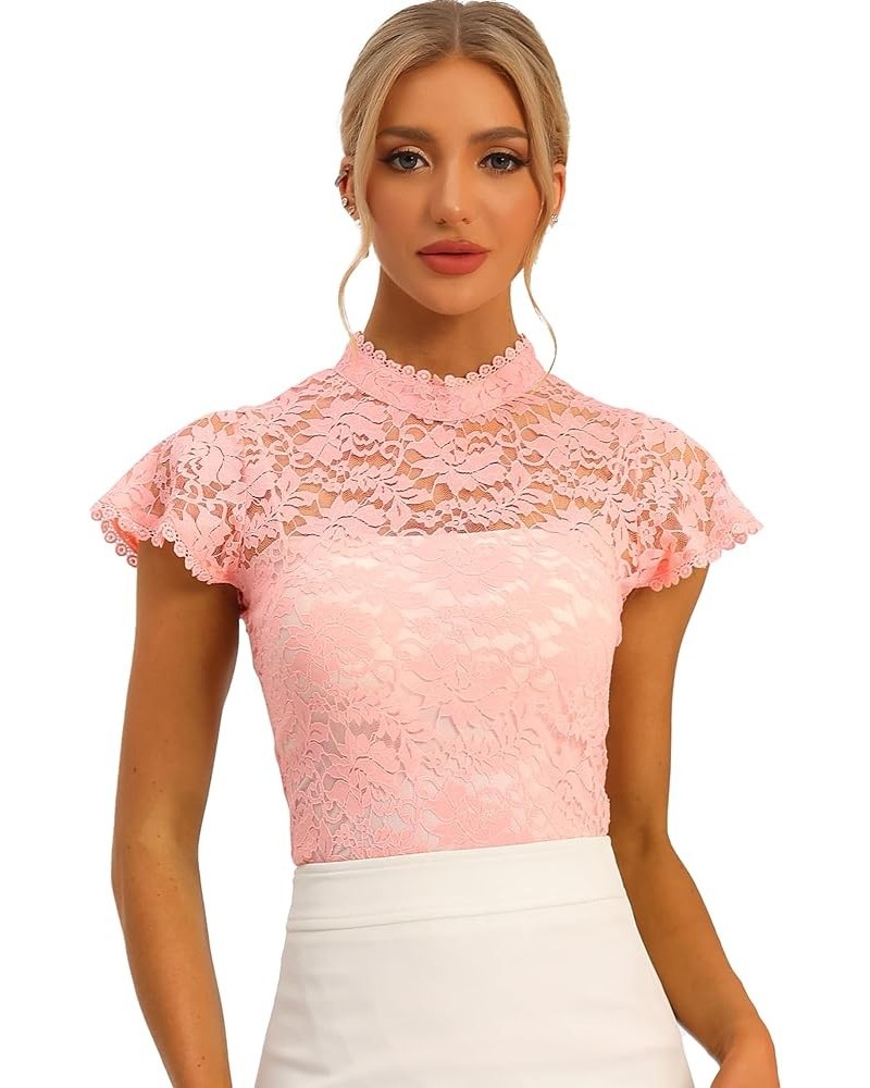 Women's Elegant Floral Lace Blouse Short Sleeve Keyhole Back Fitted Semi Sheer Top Pinks $11.25 Blouses