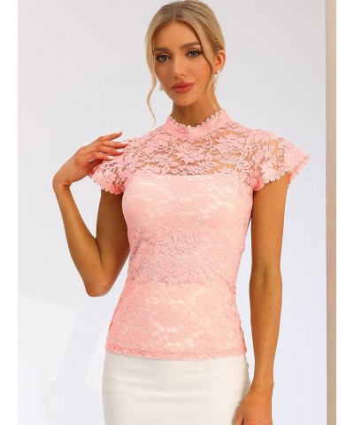 Women's Elegant Floral Lace Blouse Short Sleeve Keyhole Back Fitted Semi Sheer Top Pinks $11.25 Blouses