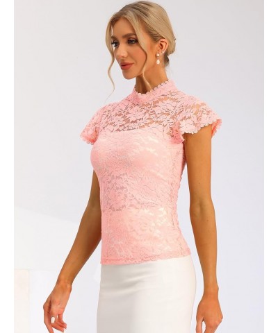 Women's Elegant Floral Lace Blouse Short Sleeve Keyhole Back Fitted Semi Sheer Top Pinks $11.25 Blouses