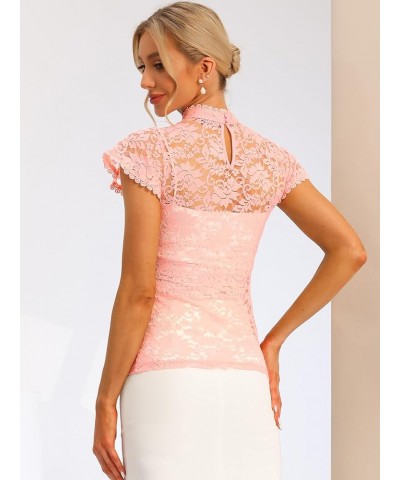 Women's Elegant Floral Lace Blouse Short Sleeve Keyhole Back Fitted Semi Sheer Top Pinks $11.25 Blouses