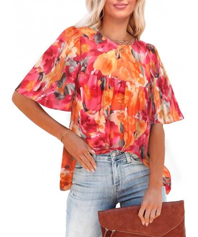 2024 Blouses for Women Dressy Casual Floral Boho Babydoll Flowy Tops Summer Short Bell Sleeves Shirts Orange Pink Floral $12....