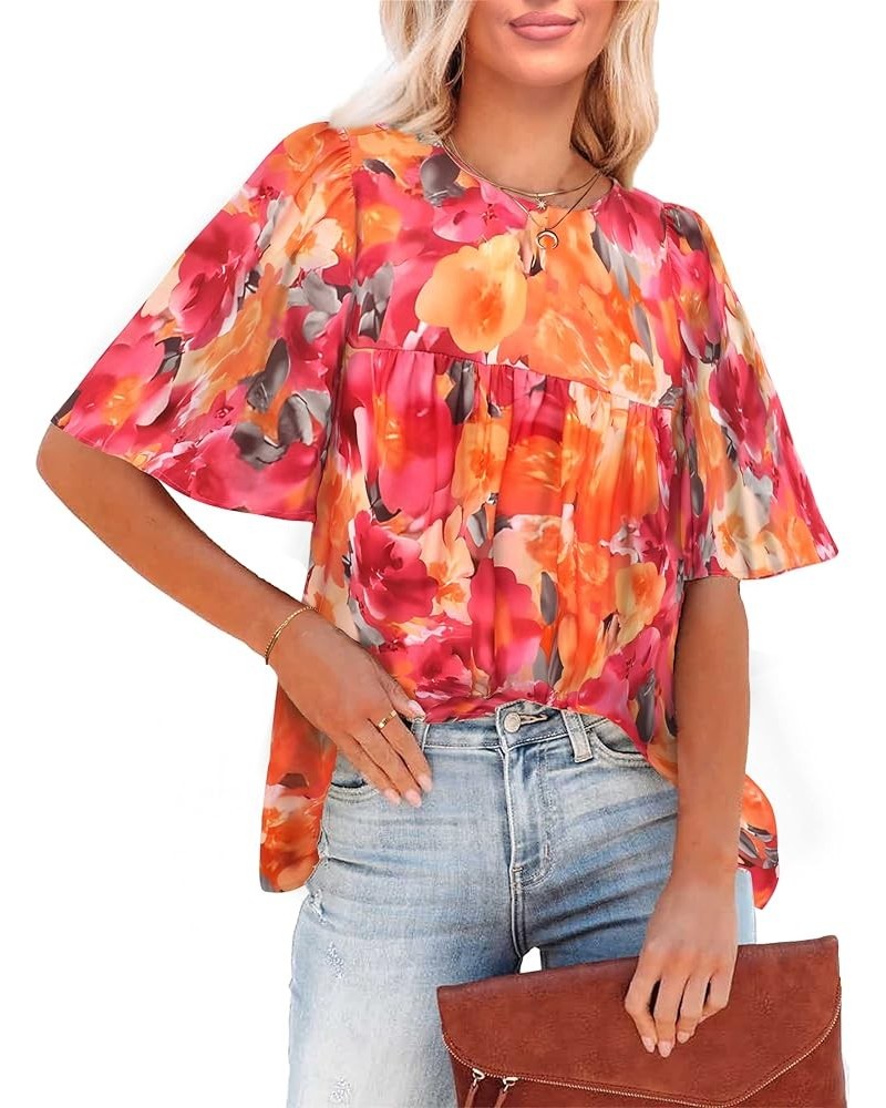 2024 Blouses for Women Dressy Casual Floral Boho Babydoll Flowy Tops Summer Short Bell Sleeves Shirts Orange Pink Floral $12....