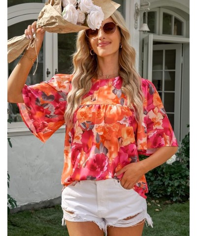 2024 Blouses for Women Dressy Casual Floral Boho Babydoll Flowy Tops Summer Short Bell Sleeves Shirts Orange Pink Floral $12....