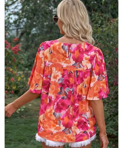 2024 Blouses for Women Dressy Casual Floral Boho Babydoll Flowy Tops Summer Short Bell Sleeves Shirts Orange Pink Floral $12....