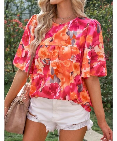 2024 Blouses for Women Dressy Casual Floral Boho Babydoll Flowy Tops Summer Short Bell Sleeves Shirts Orange Pink Floral $12....