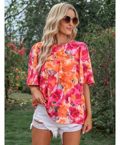 2024 Blouses for Women Dressy Casual Floral Boho Babydoll Flowy Tops Summer Short Bell Sleeves Shirts Orange Pink Floral $12....