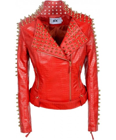 Women's Personality Punk Rock Rivets Motorcycle Leather Jacket Studded Perfectly Shaping Short Motobiker Coats Red $40.95 Coats