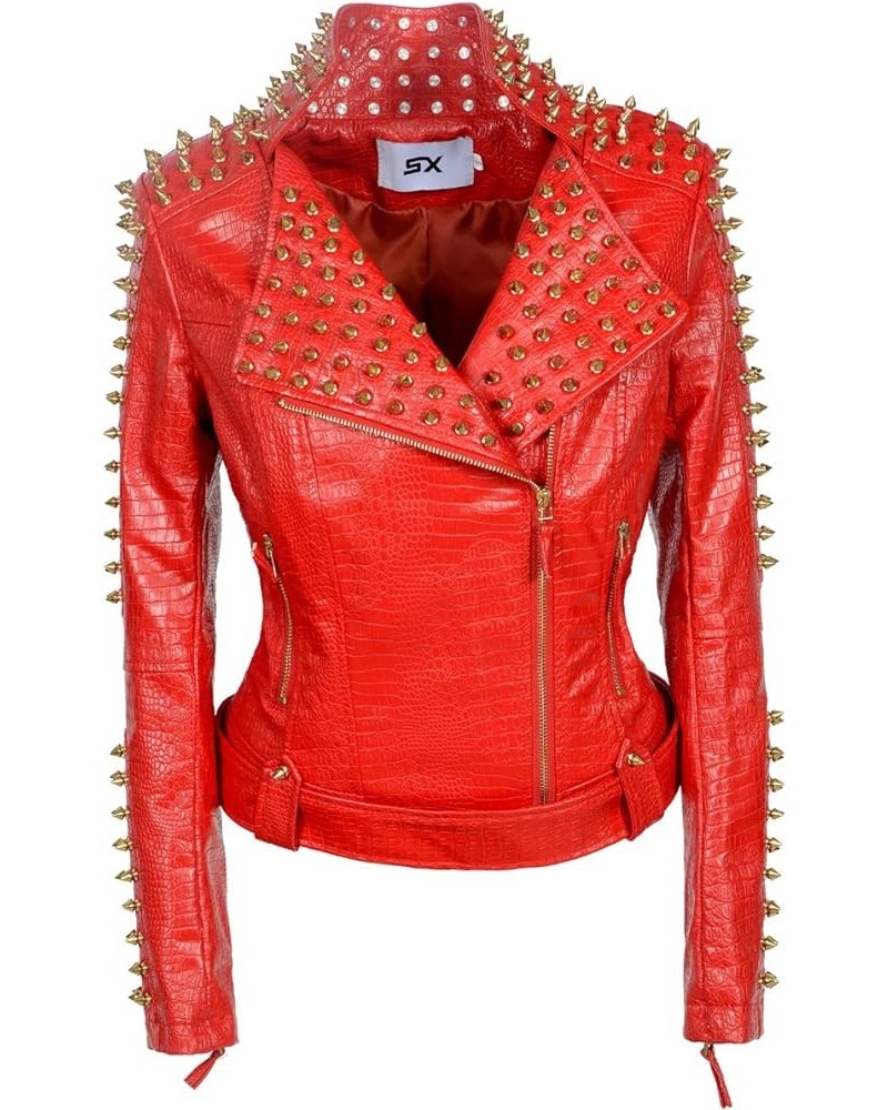 Women's Personality Punk Rock Rivets Motorcycle Leather Jacket Studded Perfectly Shaping Short Motobiker Coats Red $40.95 Coats