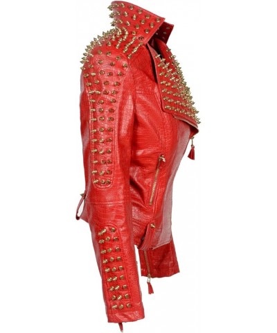 Women's Personality Punk Rock Rivets Motorcycle Leather Jacket Studded Perfectly Shaping Short Motobiker Coats Red $40.95 Coats