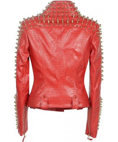 Women's Personality Punk Rock Rivets Motorcycle Leather Jacket Studded Perfectly Shaping Short Motobiker Coats Red $40.95 Coats