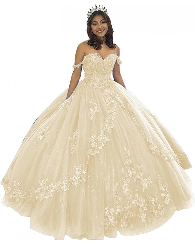 Tulle Quinceanera Dresses Ball Gown Lace Appliques Puffy Off Shoulder Long Princess Prom Dress for Women Champagne $64.19 Dre...