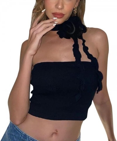 Women Sexy Halter Crop Top Irregular Flower Criss Cross Cami Bandana Top Tank Top Black 02 $11.50 Tanks