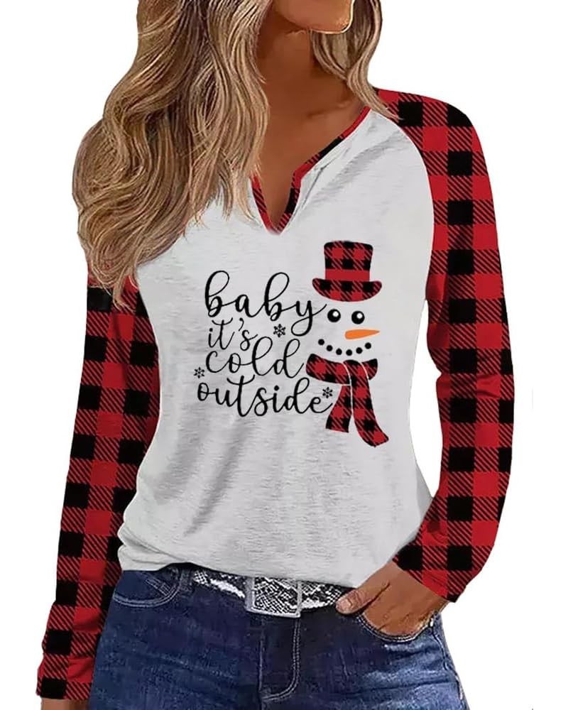 Christmas Snowflake V Neck Shirt for Women Funny Xmas Buffalo Plaid Long Sleeve Graphic Tee Holiday Family Party Winter Tops ...