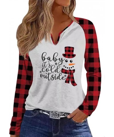 Christmas Snowflake V Neck Shirt for Women Funny Xmas Buffalo Plaid Long Sleeve Graphic Tee Holiday Family Party Winter Tops ...