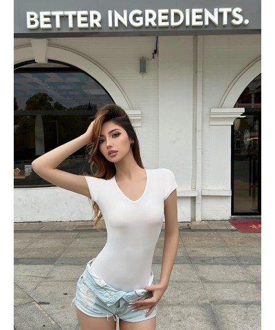 3 Piece Short Sleeve Bodysuit for Women V Neck Stretchy Basic Body Suit Tops Heibaihui $13.47 Lingerie