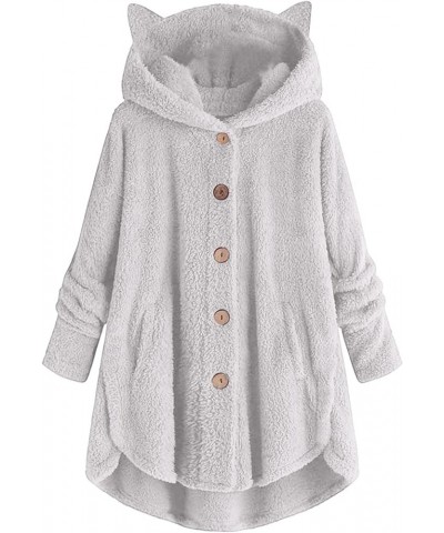 Hoodie with Cat Ears Solid Color Plush Casual Button Pocket Long Sleeve Hood Tops Outwear Coat 02-light Gray $12.00 Jackets