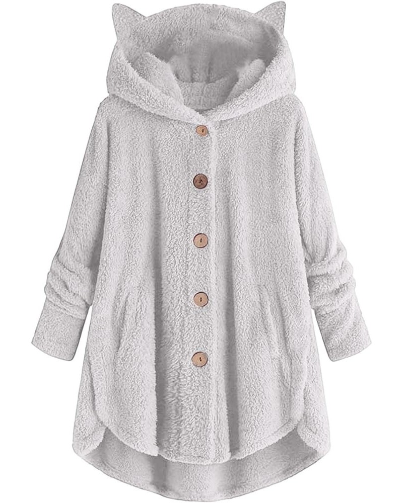 Hoodie with Cat Ears Solid Color Plush Casual Button Pocket Long Sleeve Hood Tops Outwear Coat 02-light Gray $12.00 Jackets