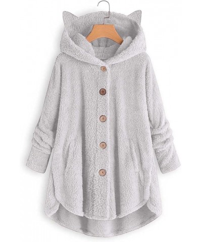 Hoodie with Cat Ears Solid Color Plush Casual Button Pocket Long Sleeve Hood Tops Outwear Coat 02-light Gray $12.00 Jackets