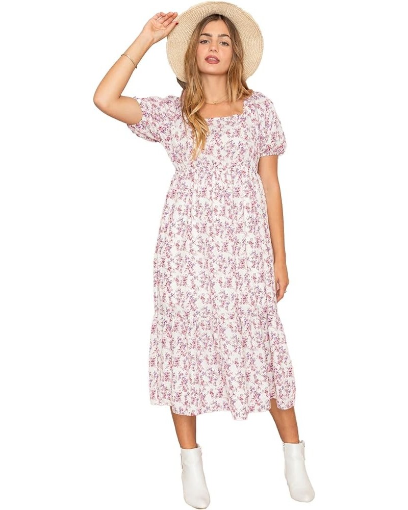 Eloges Women's Square Neck Puff Sleeve Floral Midi Dress Woven Ivory Pink $10.50 Dresses